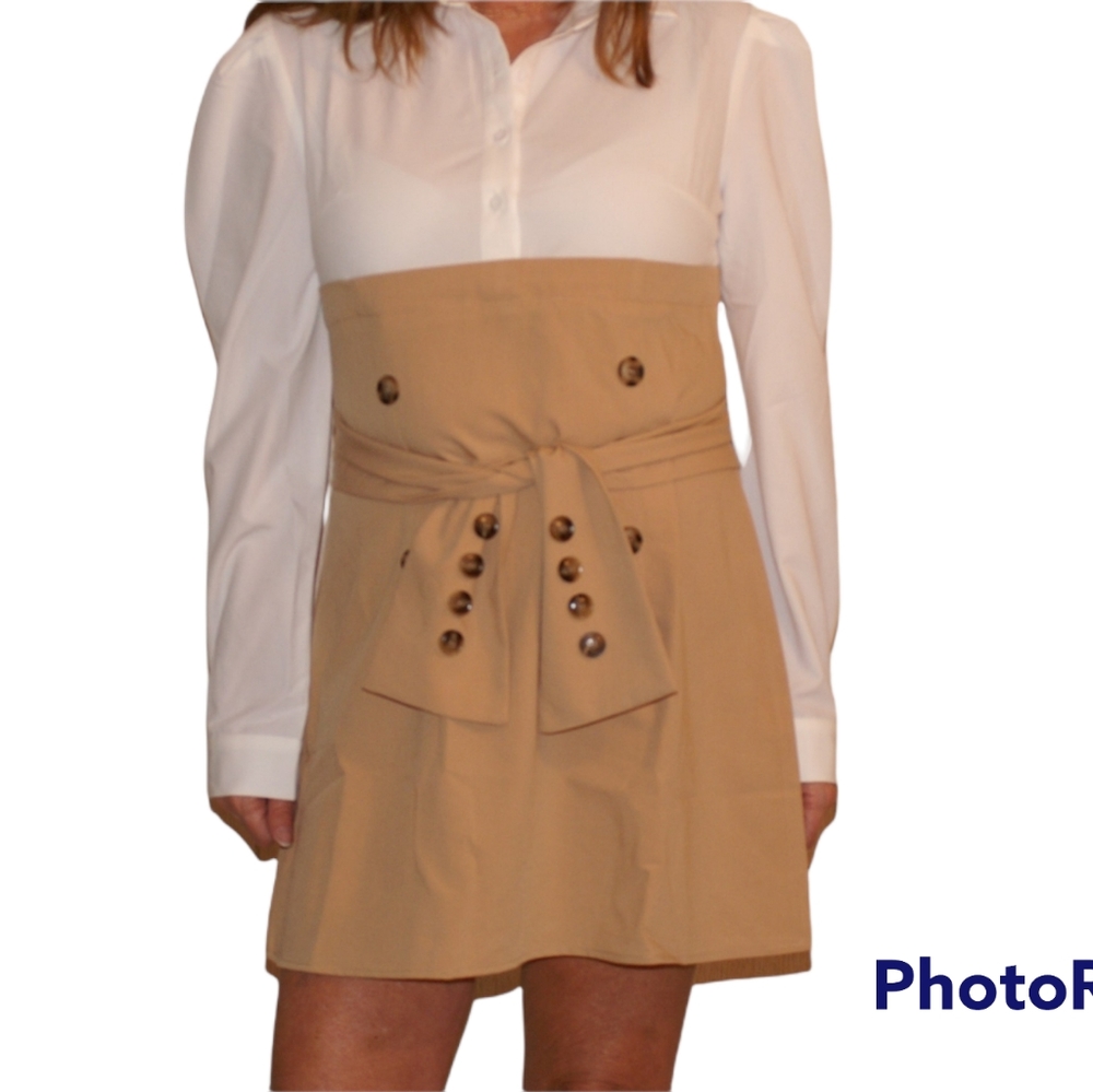 ๐ Tan Color Block Belted Button Front Dress - Picture 7 of 8